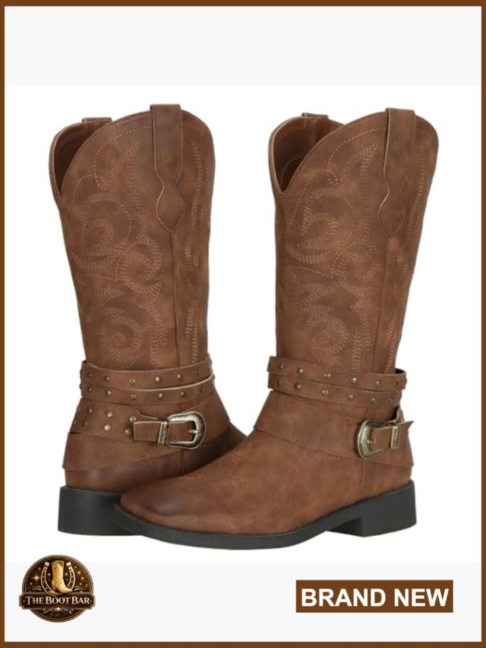 Faux Leather Square Toe Cowboy Boots with Detachable Buckles Pull On - Picture 5 of 7
